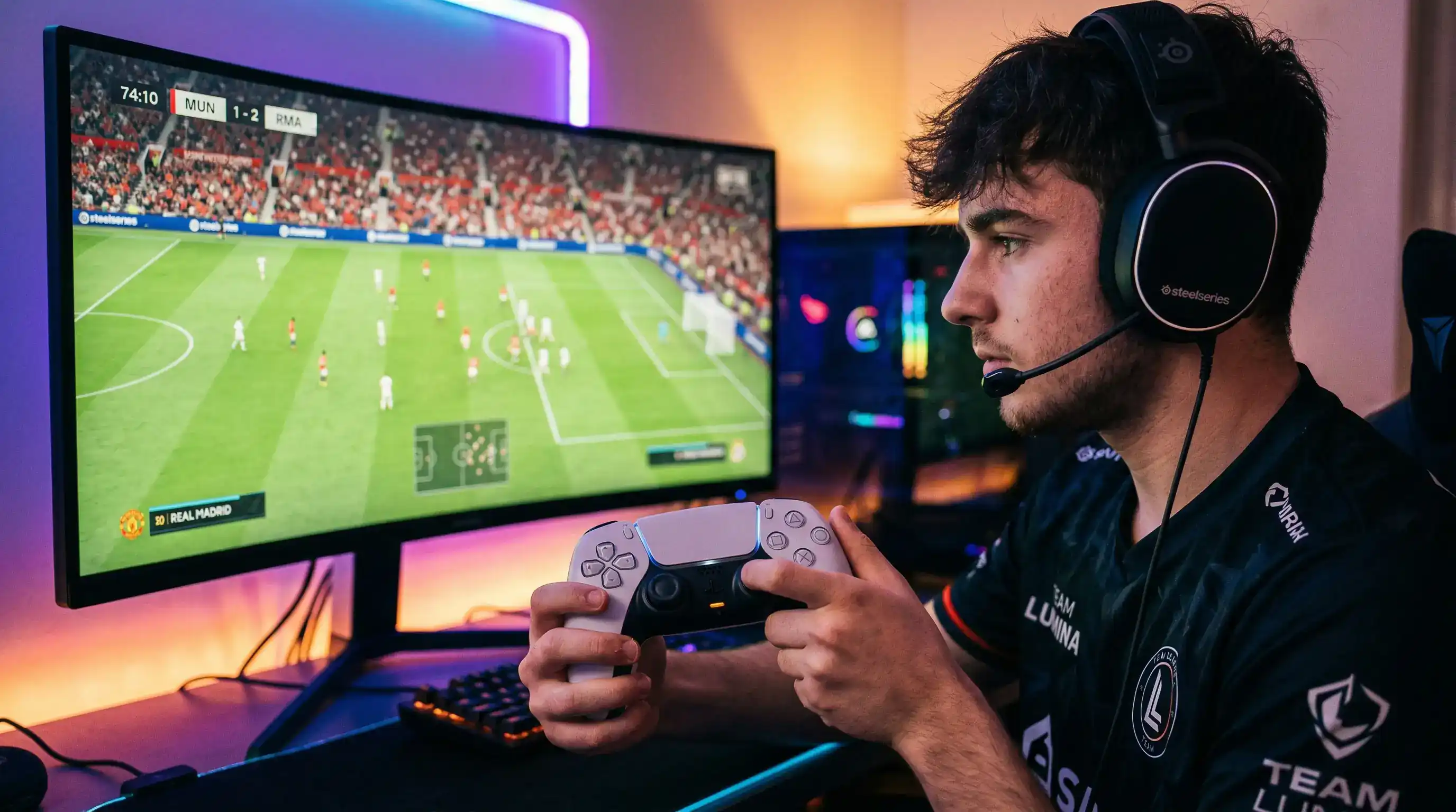 Jogador de eSports com comando de consola em frente a um monitor com jogo de futebol