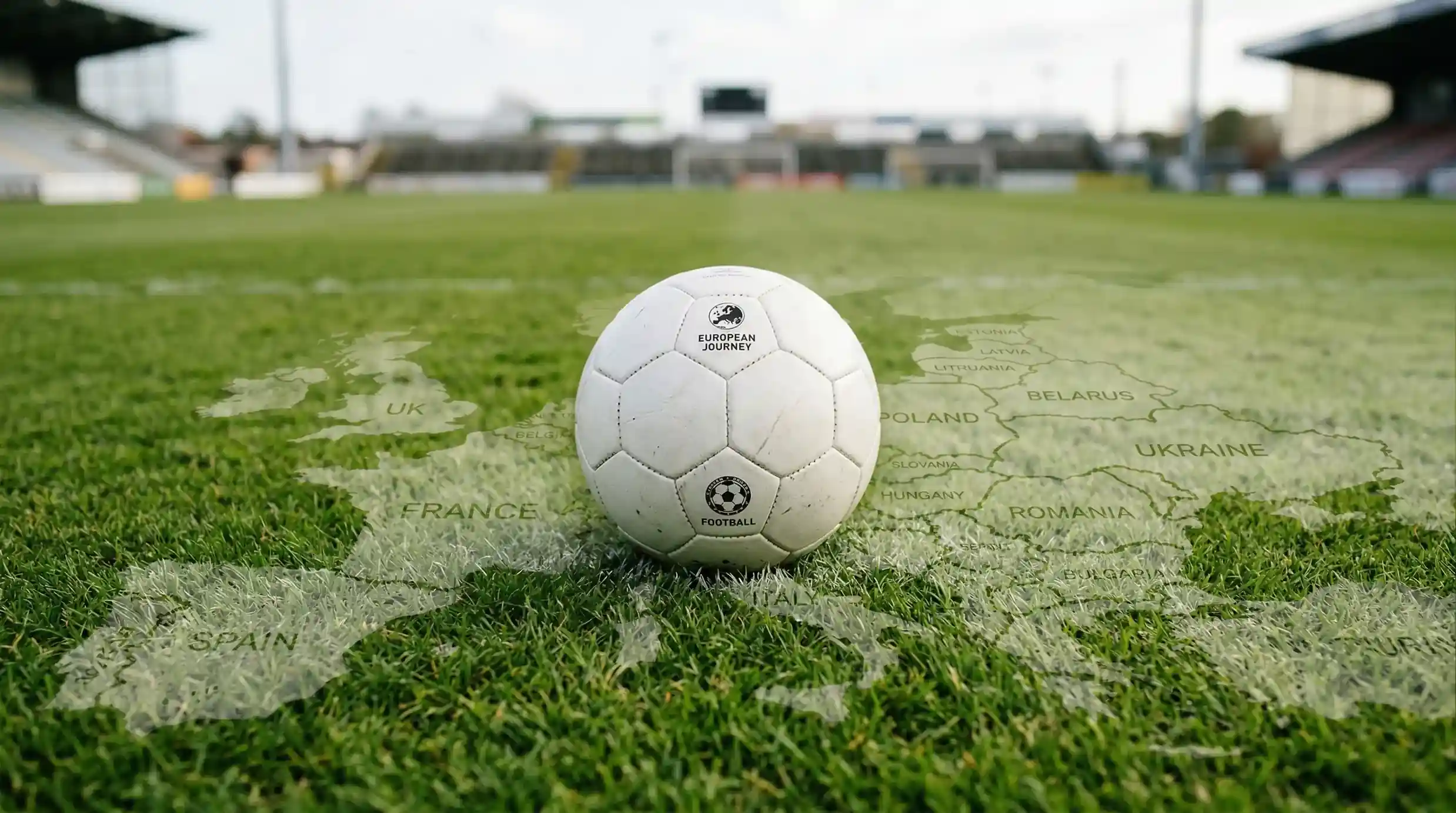 Mapa da Europa com uma bola de futebol sobre Portugal e bandeiras europeias ao redor