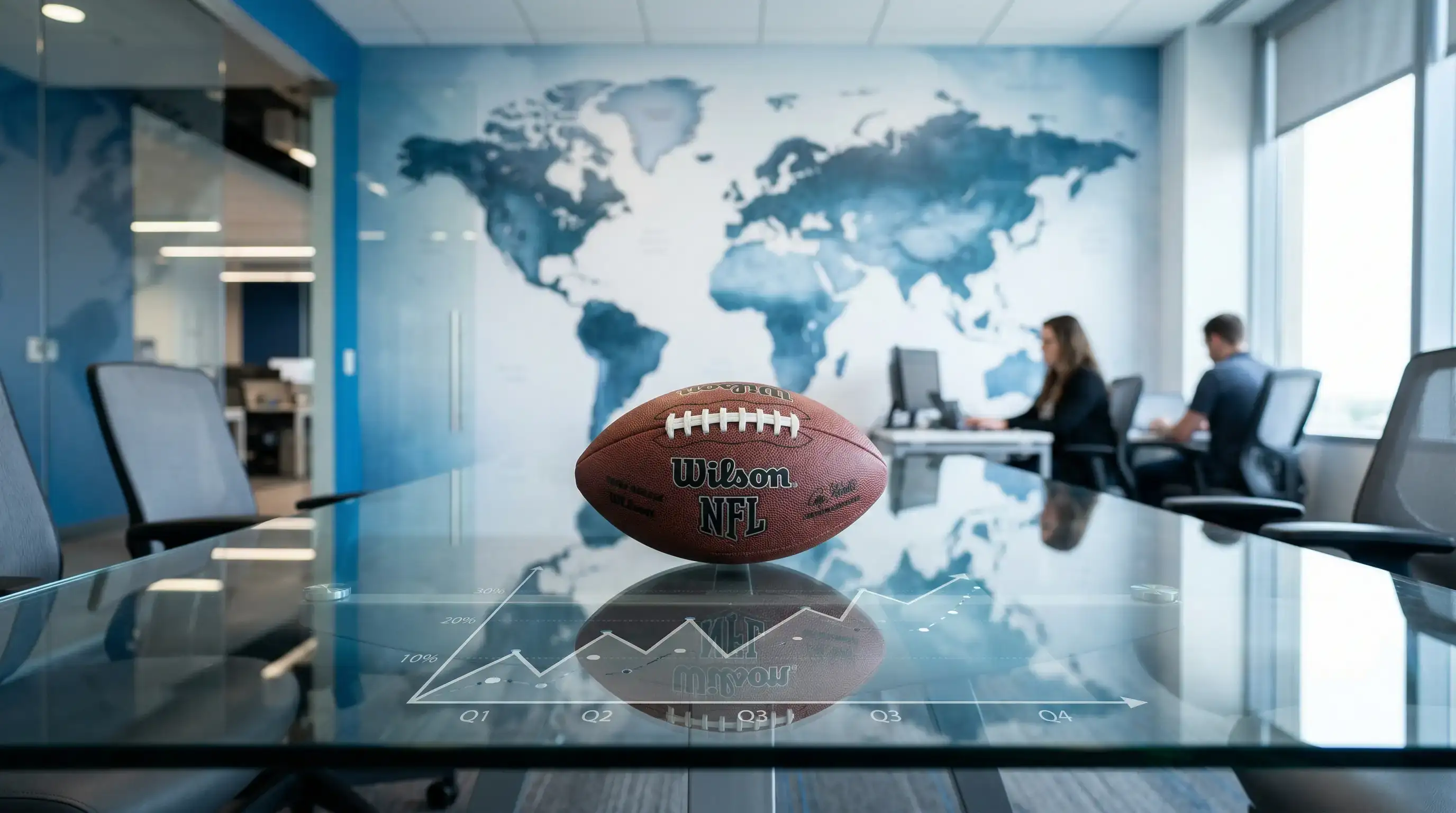 Globo terrestre com uma bola de futebol em destaque e gráfico de crescimento ao fundo