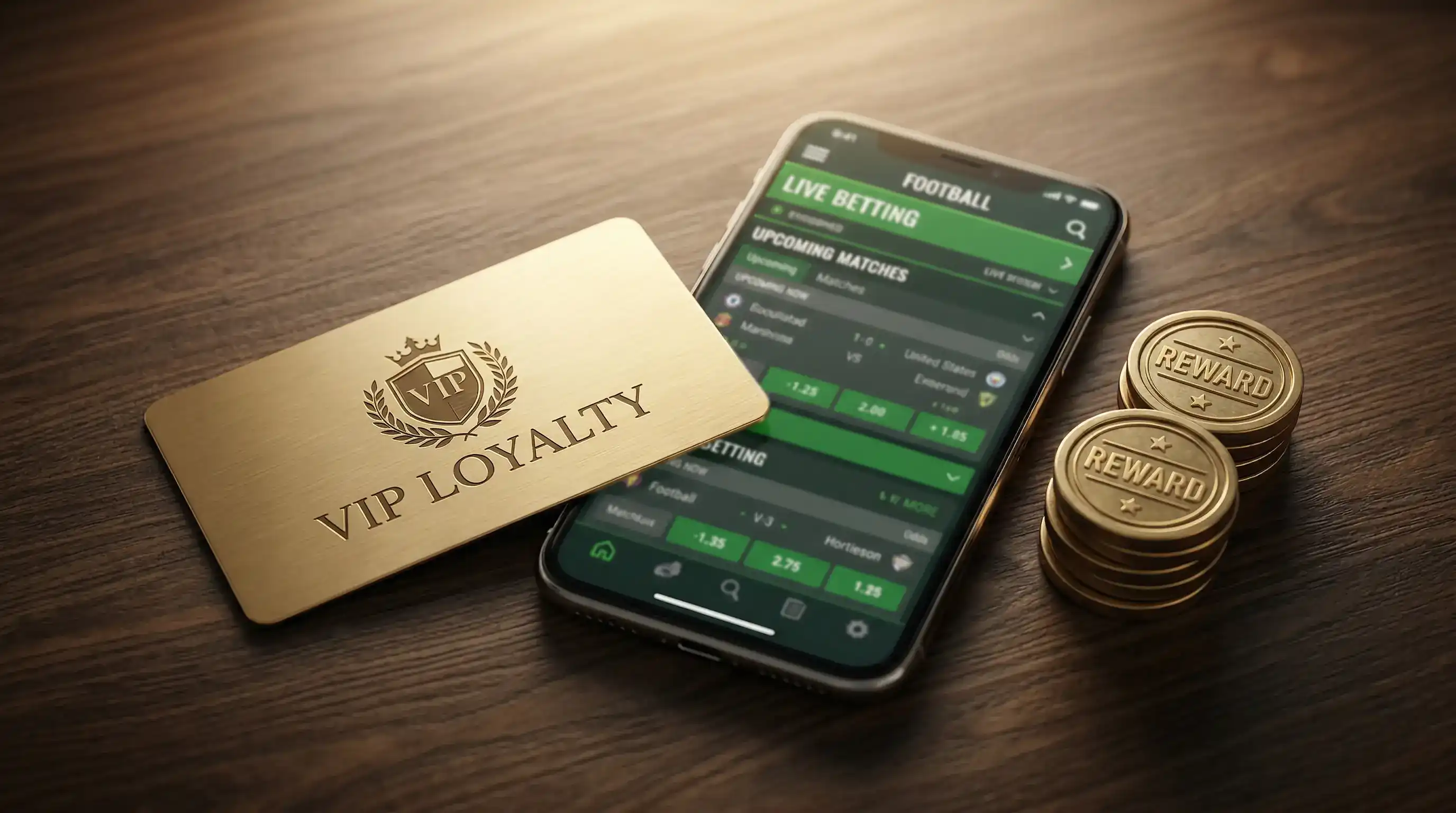 Cartão de fidelidade dourado sobre uma mesa junto a um telemóvel com app de apostas de futebol